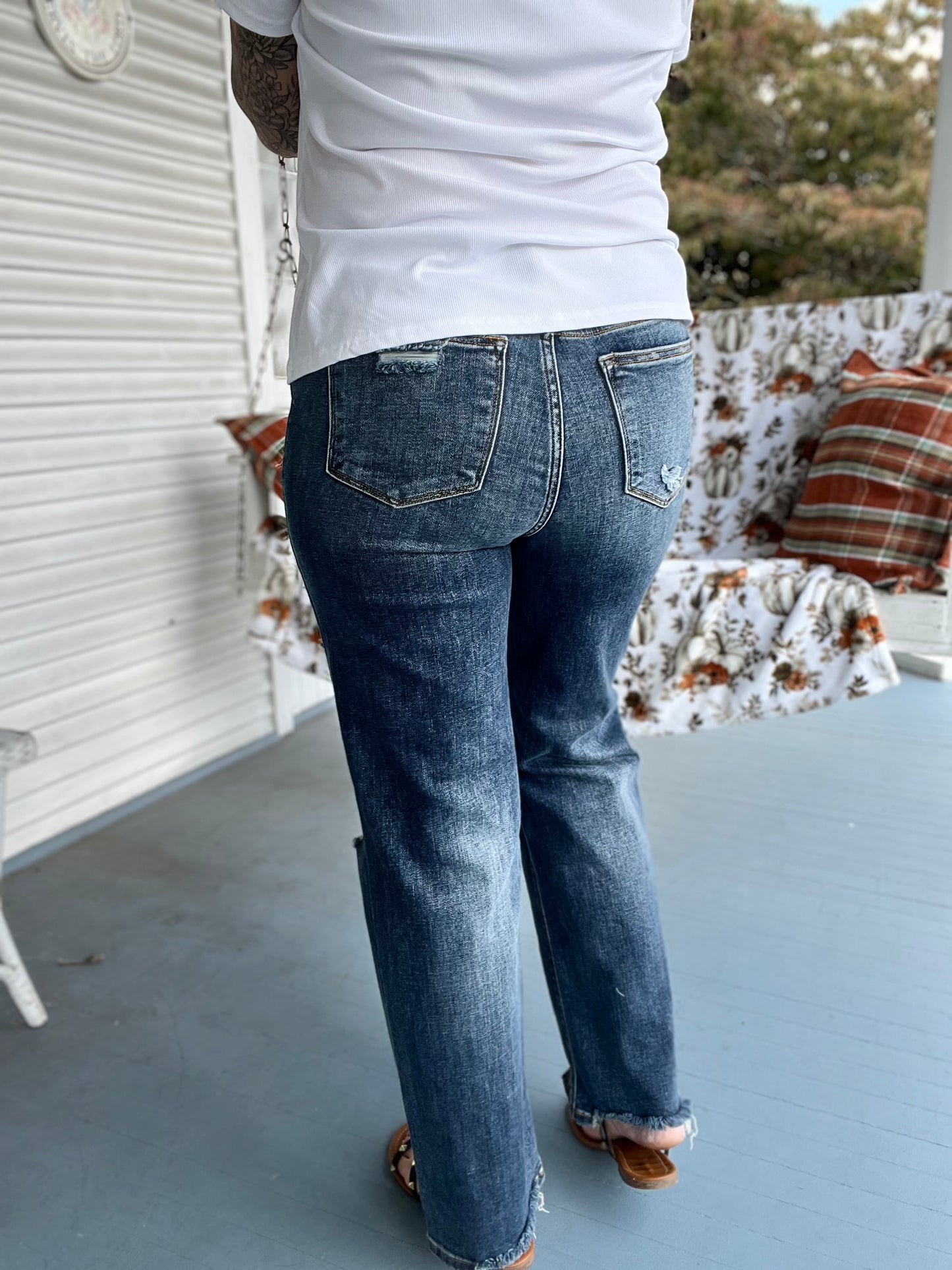 High Rise Distressed Straight Fit Denim