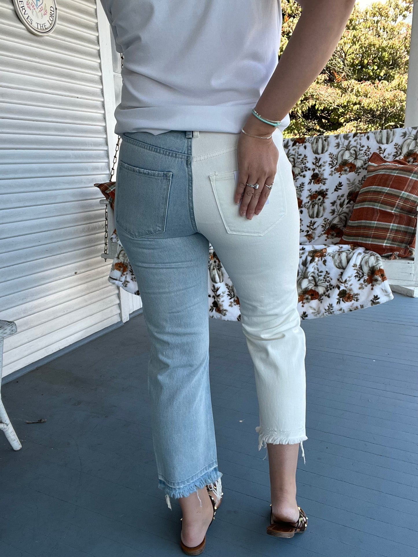 High Rise Cropped Straight Two Tone Jeans