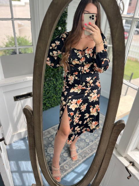 Black/Orange Floral Midi Dress