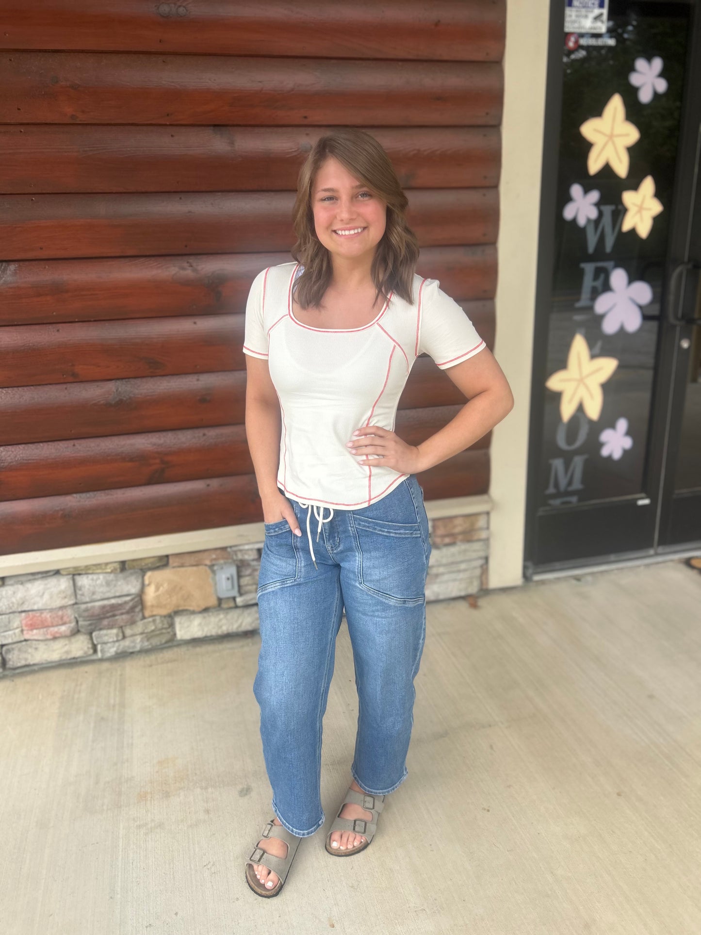 Ivory SS Contrast Stitch Top