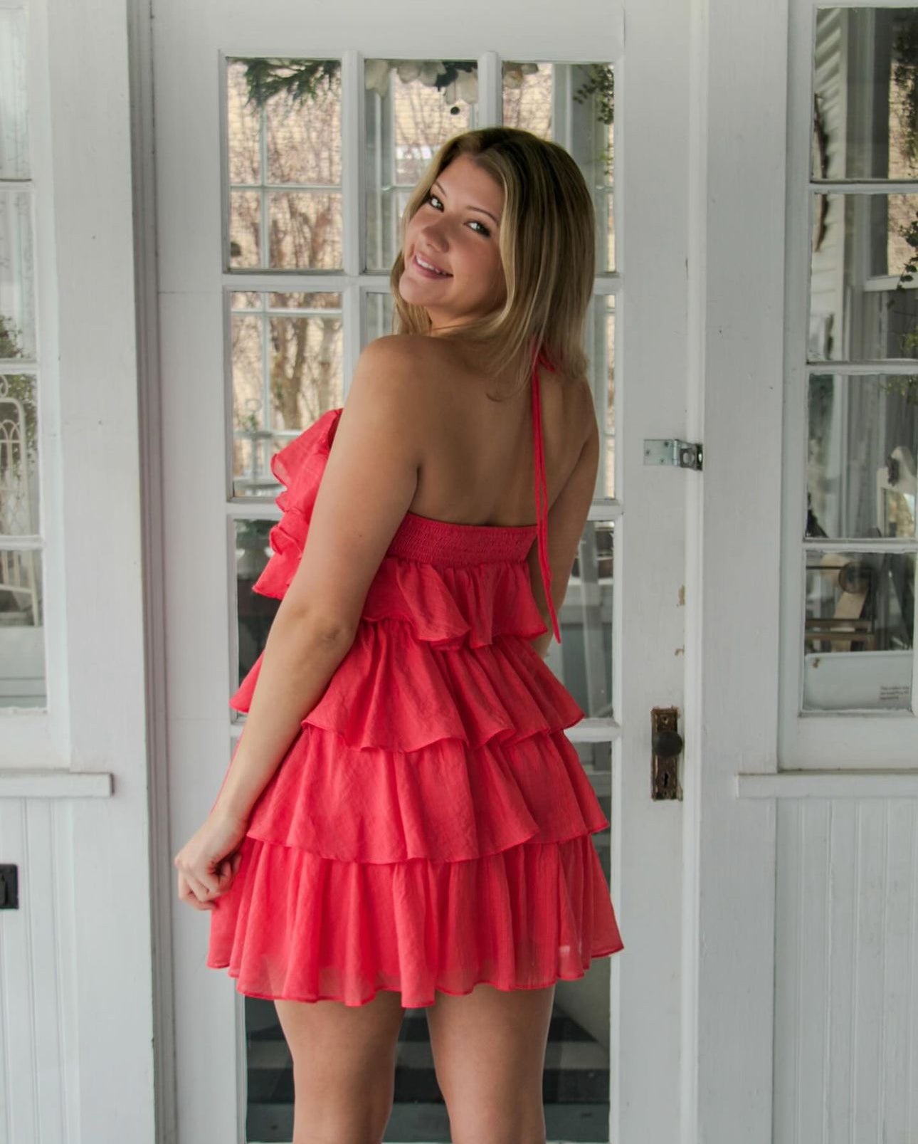 A1-Tiered Coral Halter Dress (in store item)
