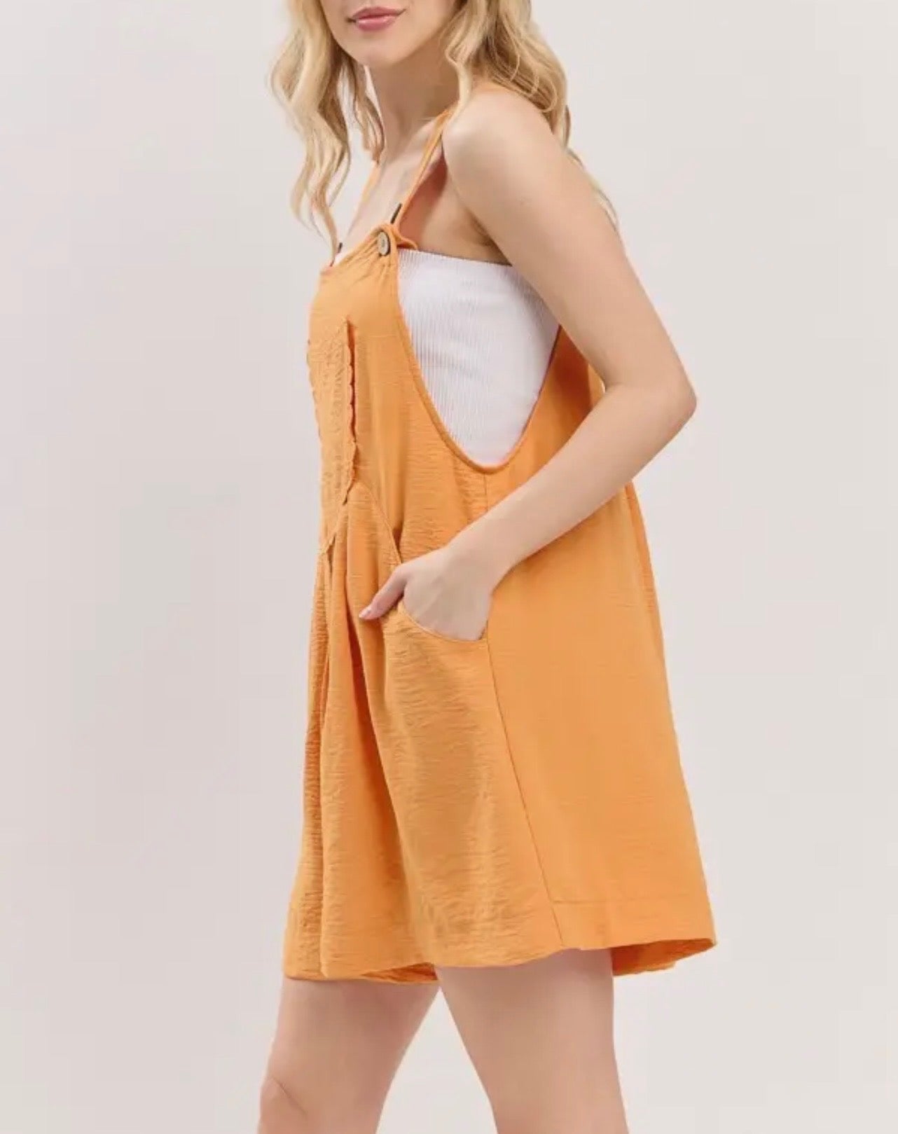 Scallop Pocket Strap Romper