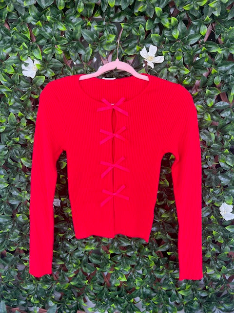 Long Sleeve Bow Detail Ribbed Sweater