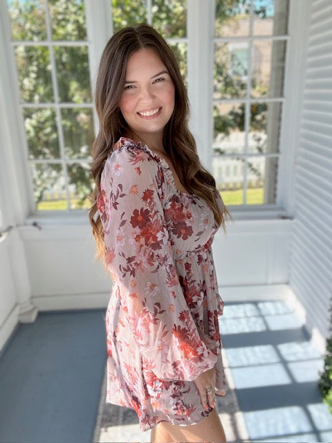 Gray/Maroon Floral Mini Dress