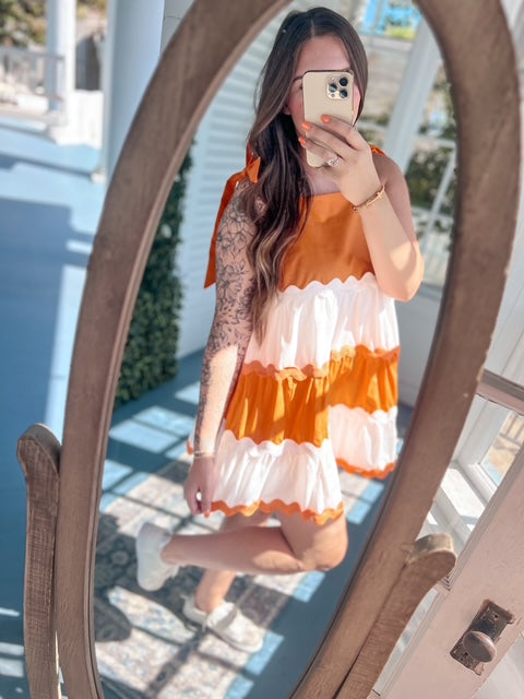 Orange and White Colorblock Tiered Mini Dress