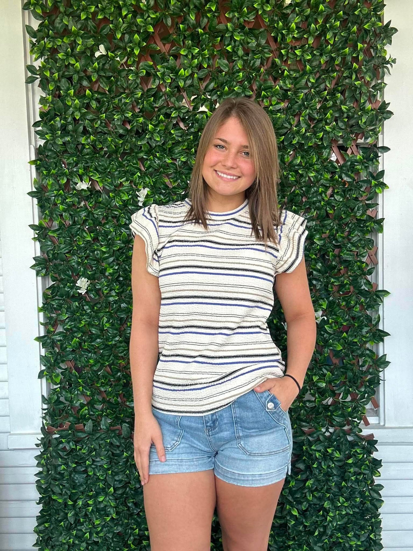 Stripe Ruffle Sleeve Textured Knit Top