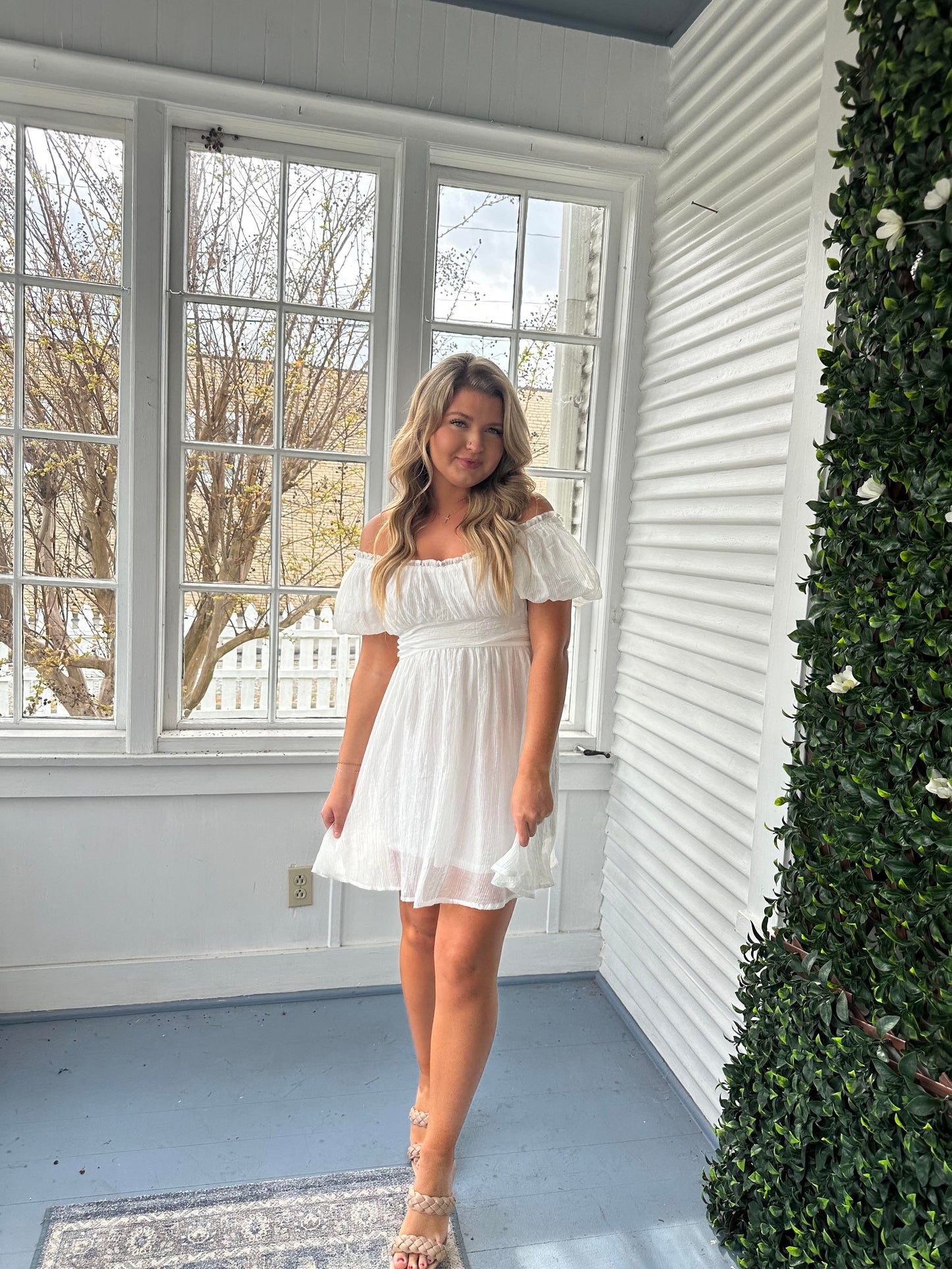 A14-White Ruched Puff Sleeve Mini Dress
