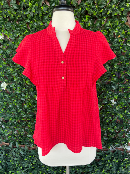Red Textured Gingham Blouse