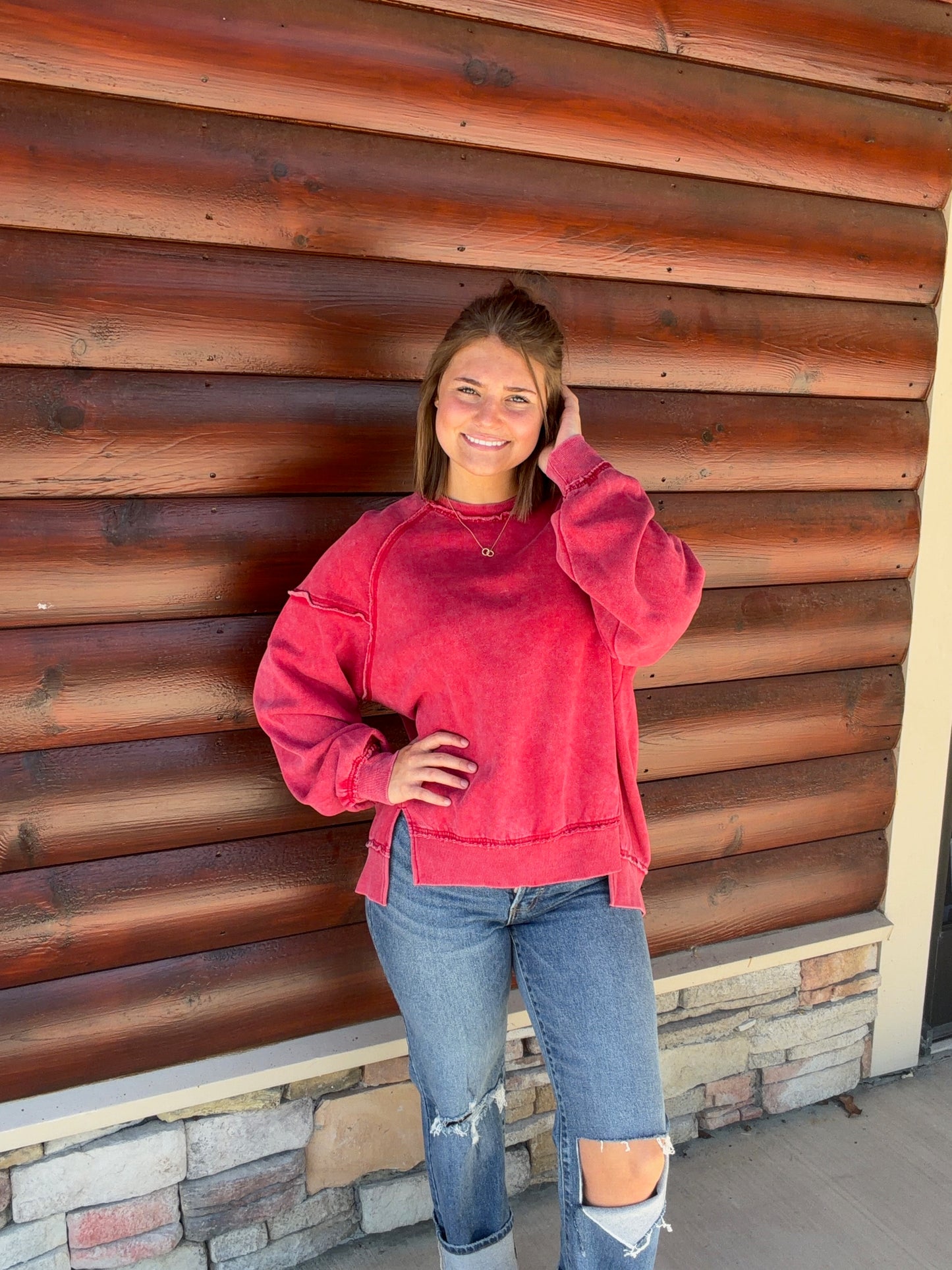 Acid Wash Raw Edge Sweatshirt