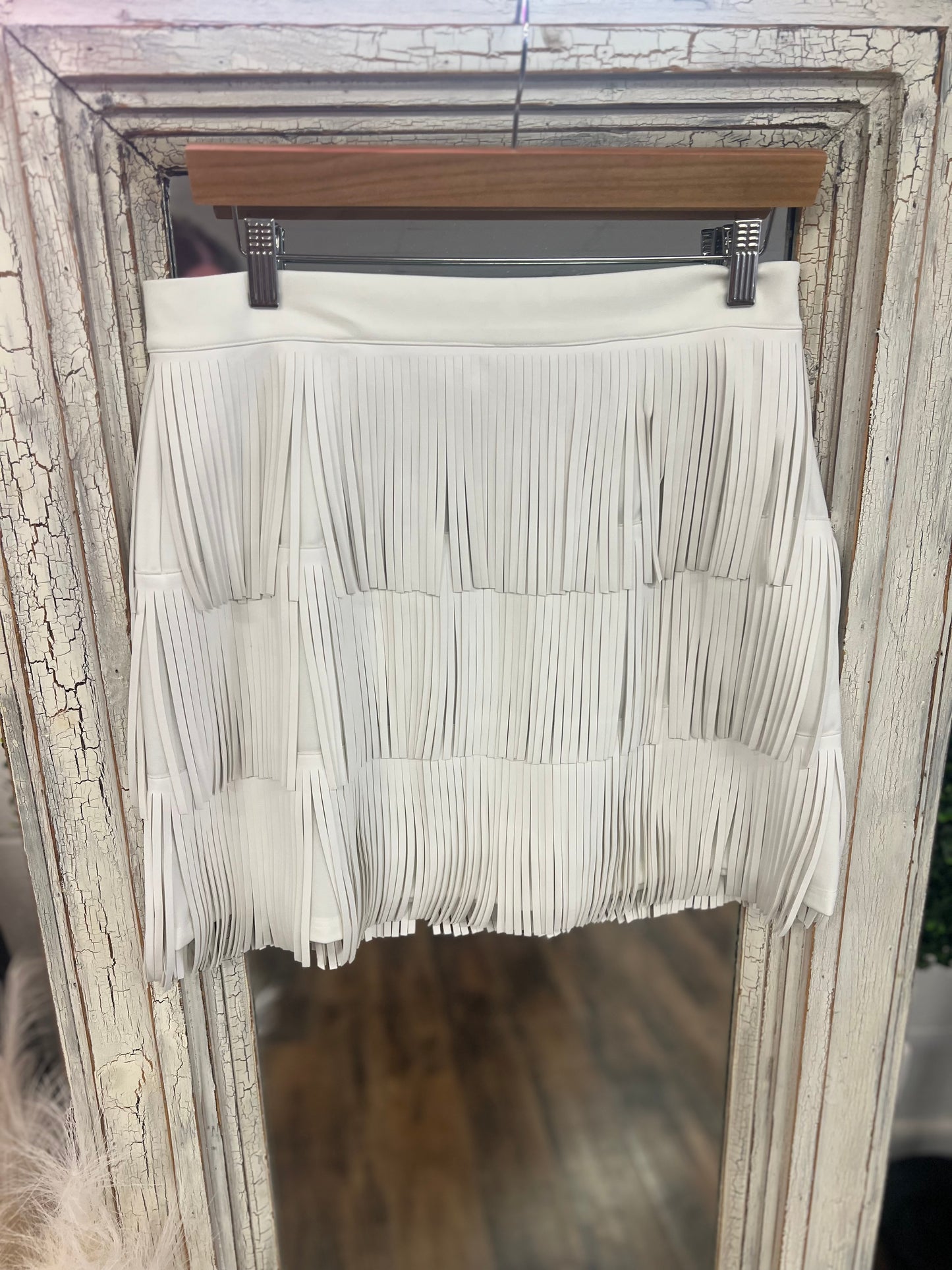 White Leather Fringe Skirt