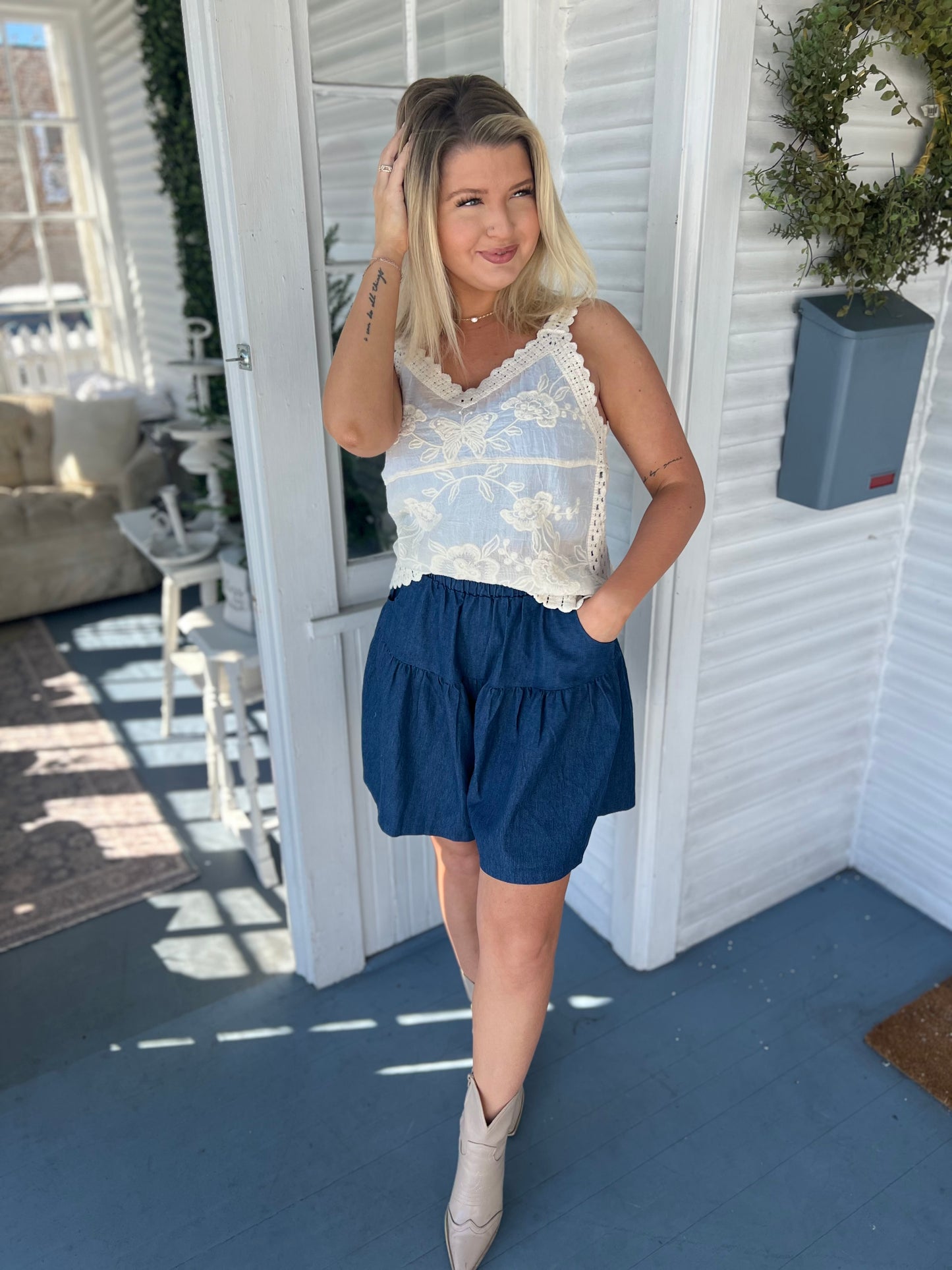 Elastic Waist Denim Shorts