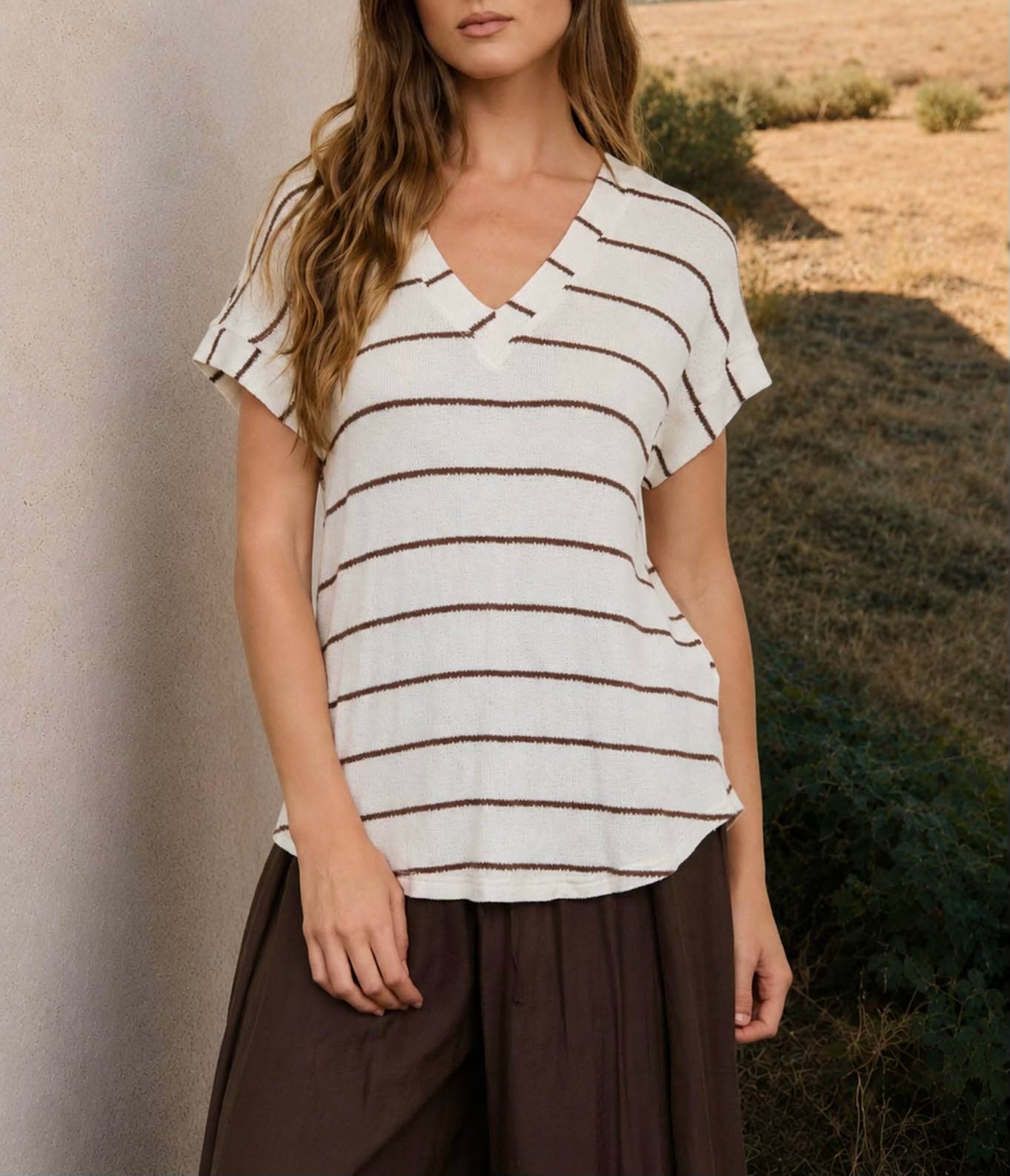 Stripe Vneck Cuffed Sleeve Knit Top
