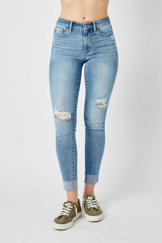 Mid Rise Raw Cuff Skinny Fit Jeans