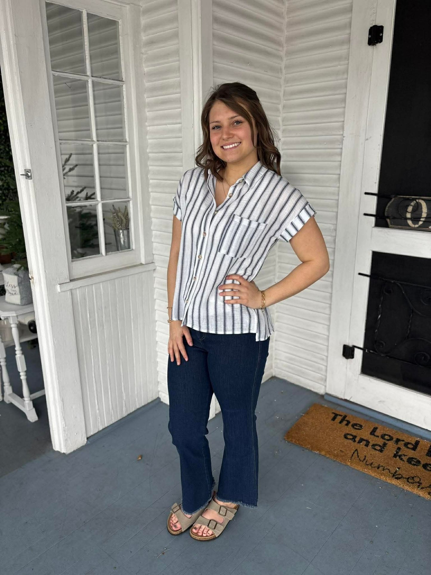 Navy Stripe Linen SS Button Down Top