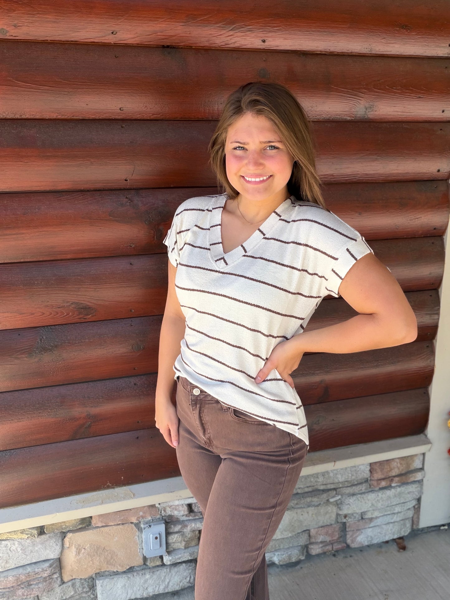 Stripe Vneck Cuffed Sleeve Knit Top