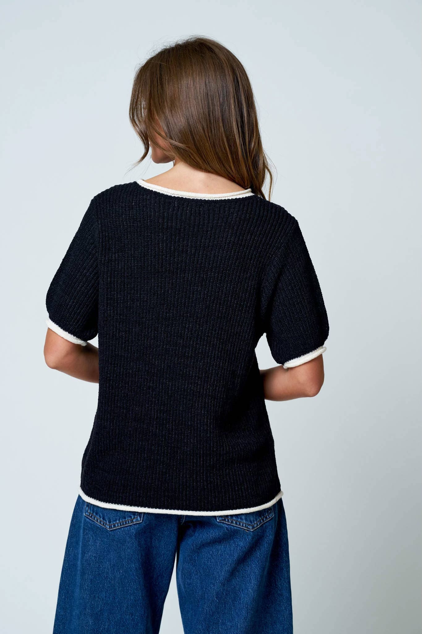Contrast Trim Puff Sleeve Ribbed Knit Sweater