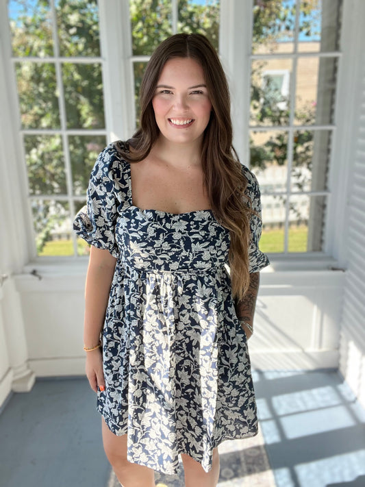 Navy Floral Puff Sleeve Romper Dress