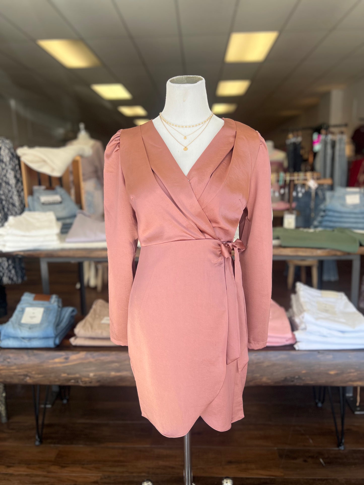 Satin Faux Wrap Mini Dress
