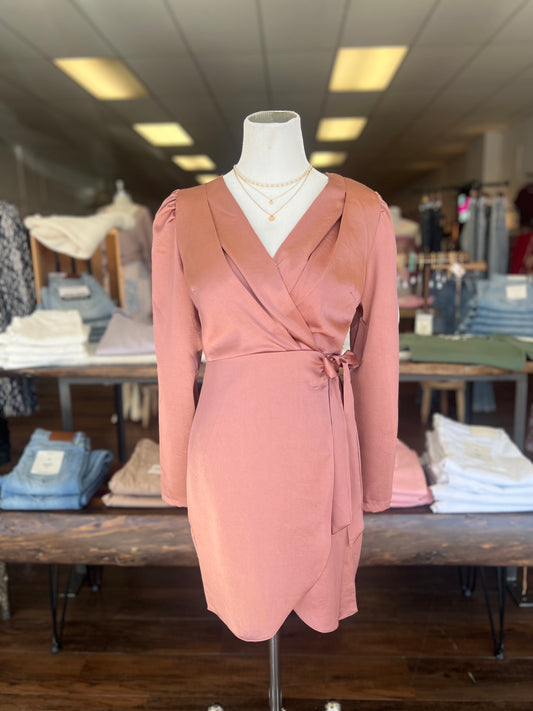 Satin Faux Wrap Mini Dress