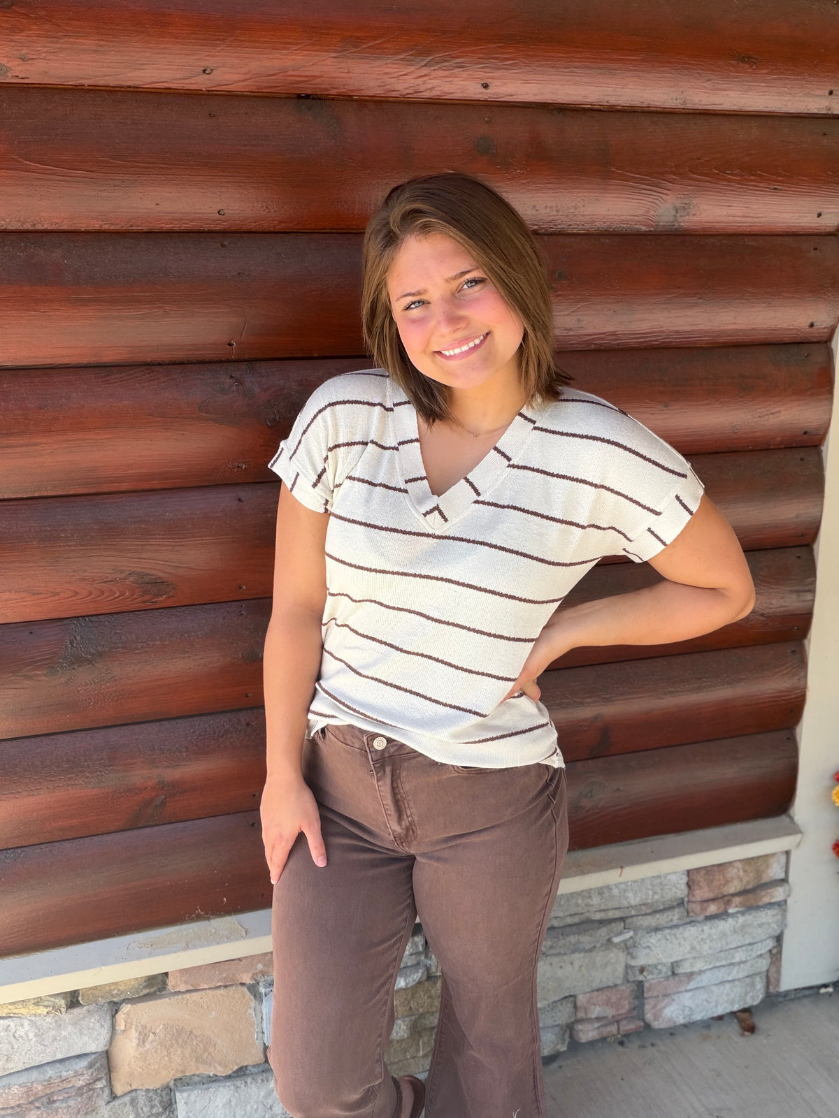 Stripe Vneck Cuffed Sleeve Knit Top