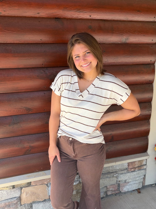 Stripe Vneck Cuffed Sleeve Knit Top