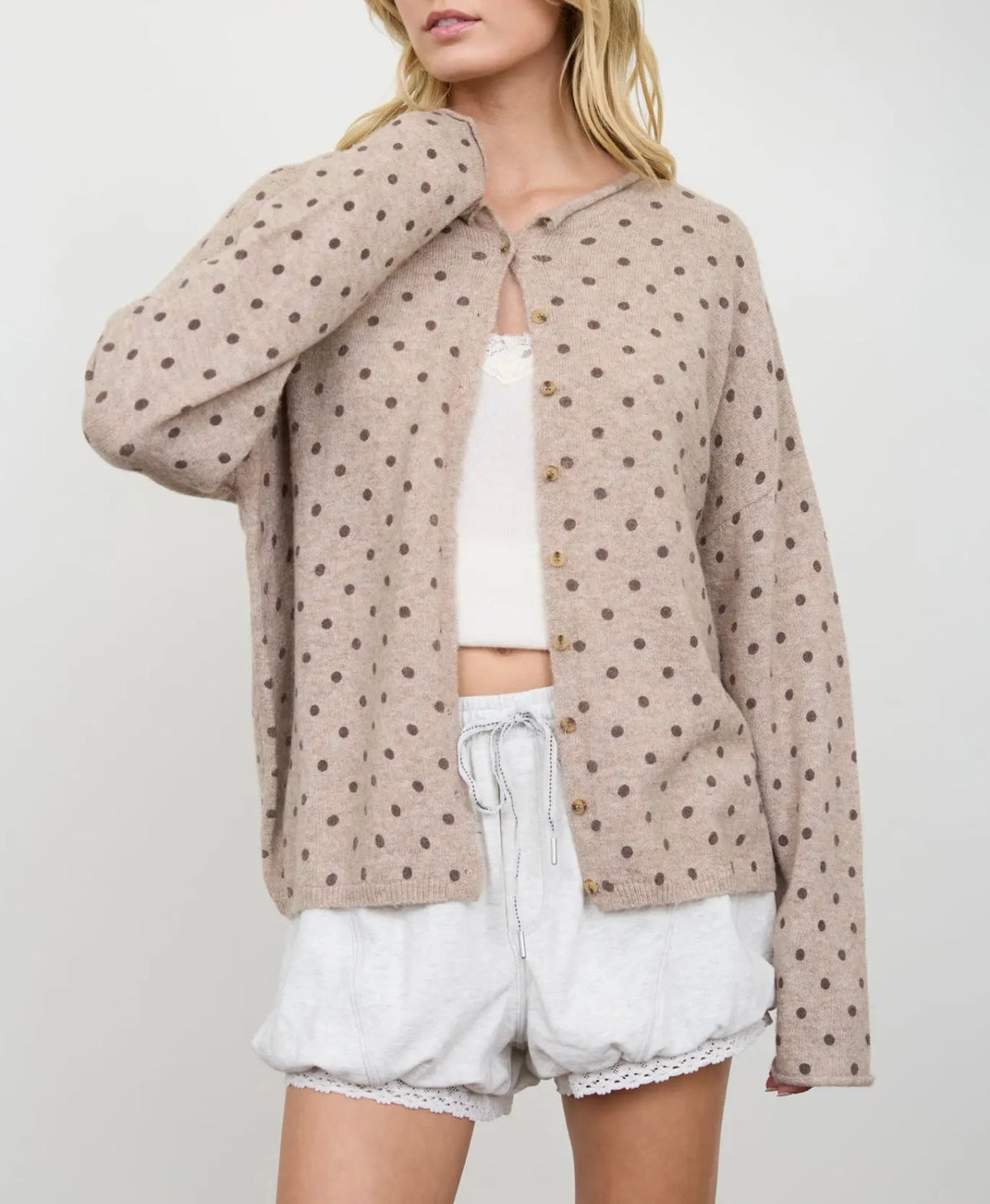 Polka Dot Button Down Raw Edge Knit Cardigan