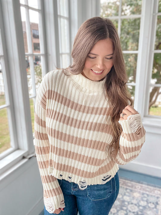 Cream/Taupe Distressed Turtleneck Sweater