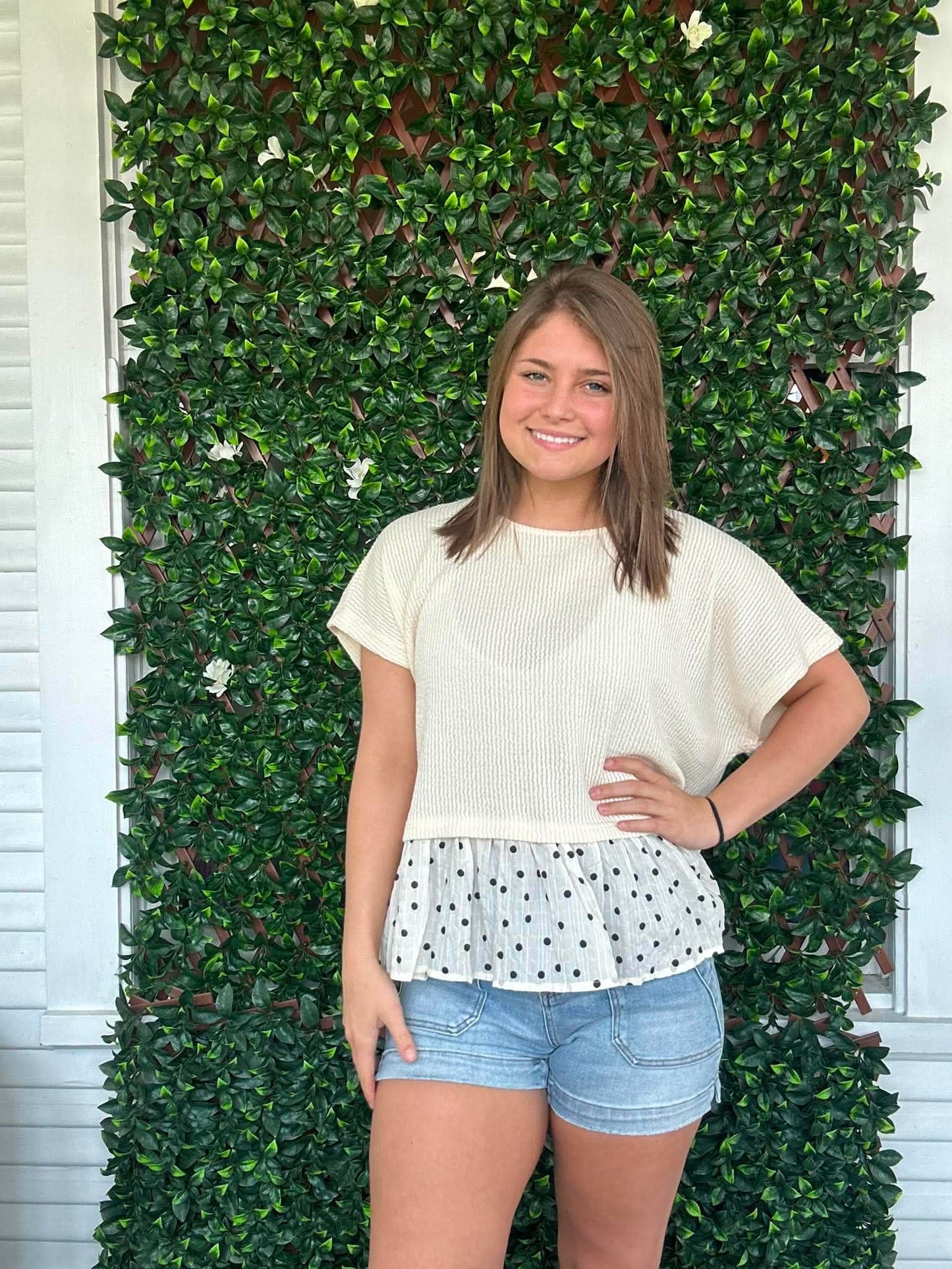 Mixed Media Polka Dot Ruffle Hem Knit Top