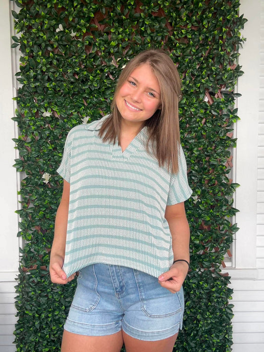 Raised Rib Striped Collared Top