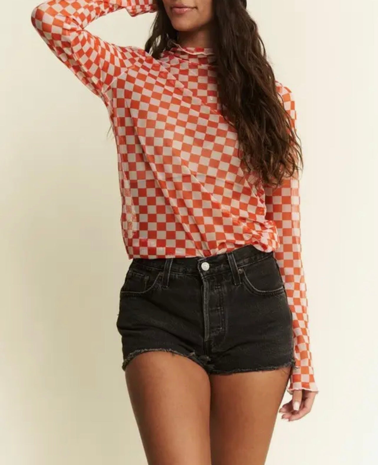 Checkerboard Mesh Mock Neck Top