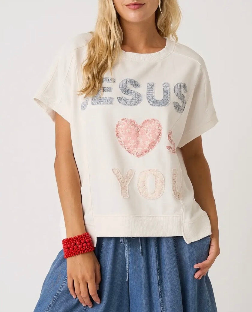Jesus Loves You Patchwork French Terry SS Top