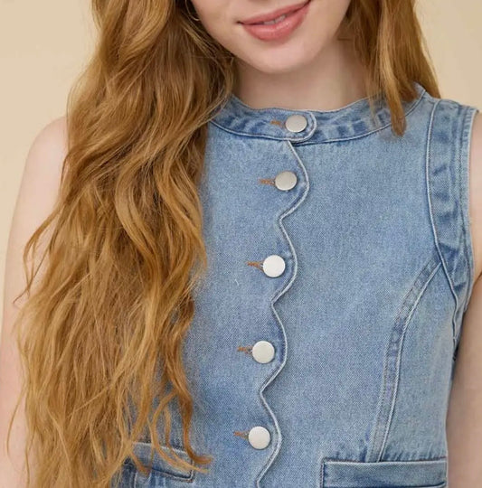 Scalloped Sleeveless Denim Top