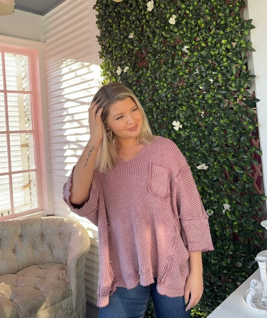 Burgundy Raw Hem Detail Pocket Top