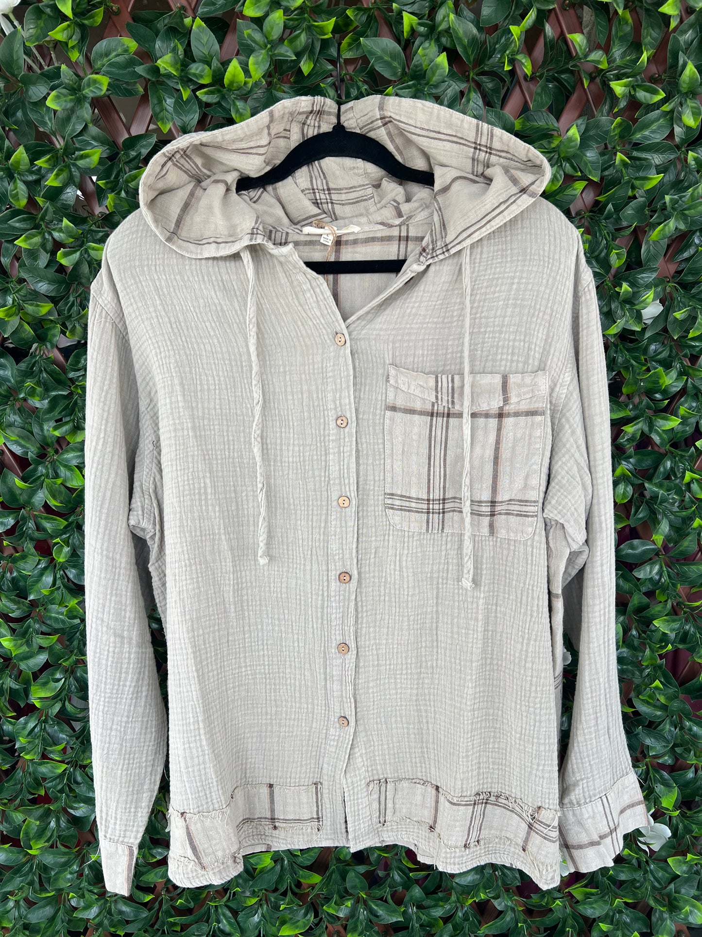 Plaid Mix Gauze LS Hooded Pullover