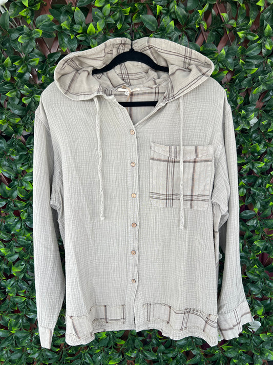 Plaid Mix Gauze LS Hooded Pullover