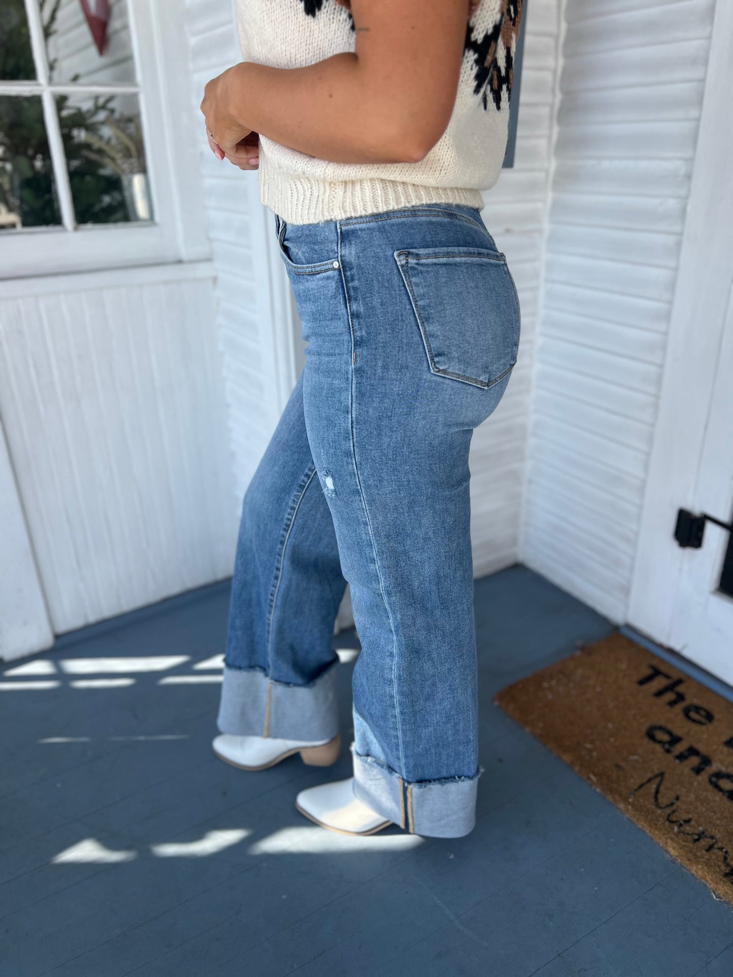 High Rise Cuffed Wide Leg Jeans