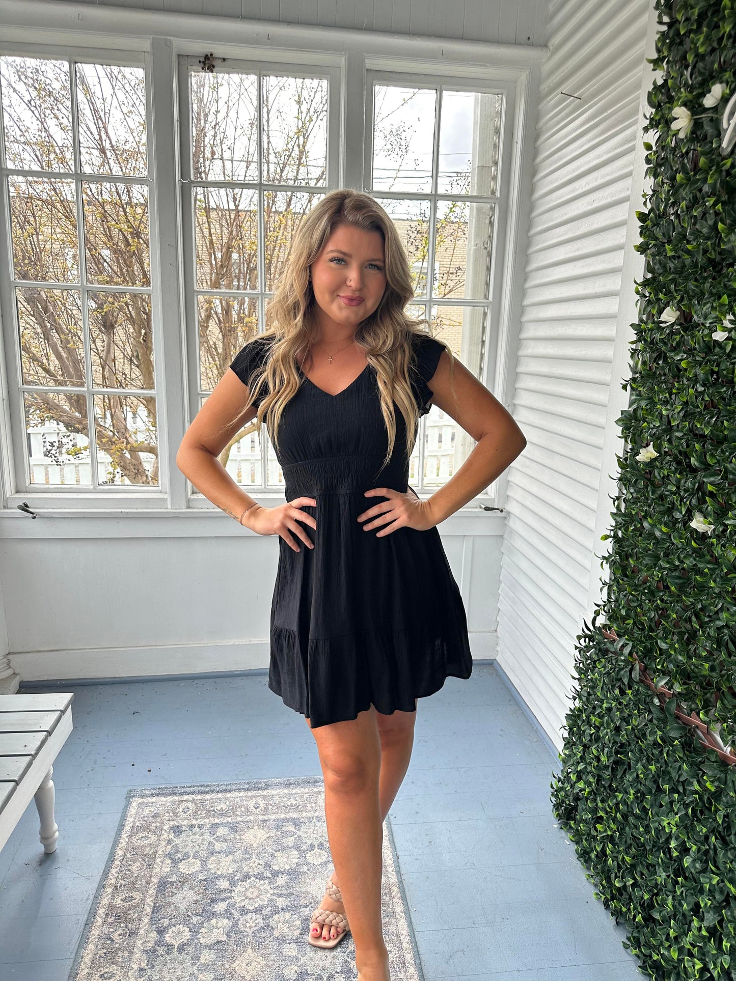 Black Gauze Flutter Sleeve Dress