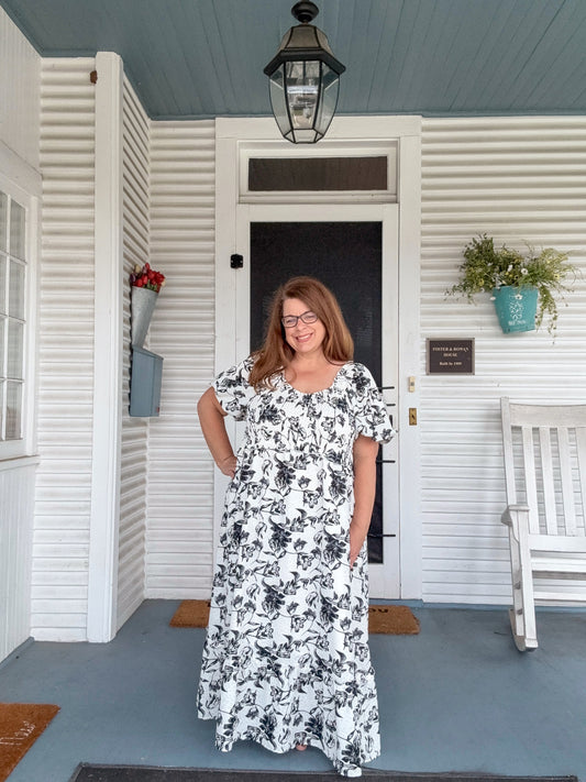 Monochrome Petals Maxi Dress