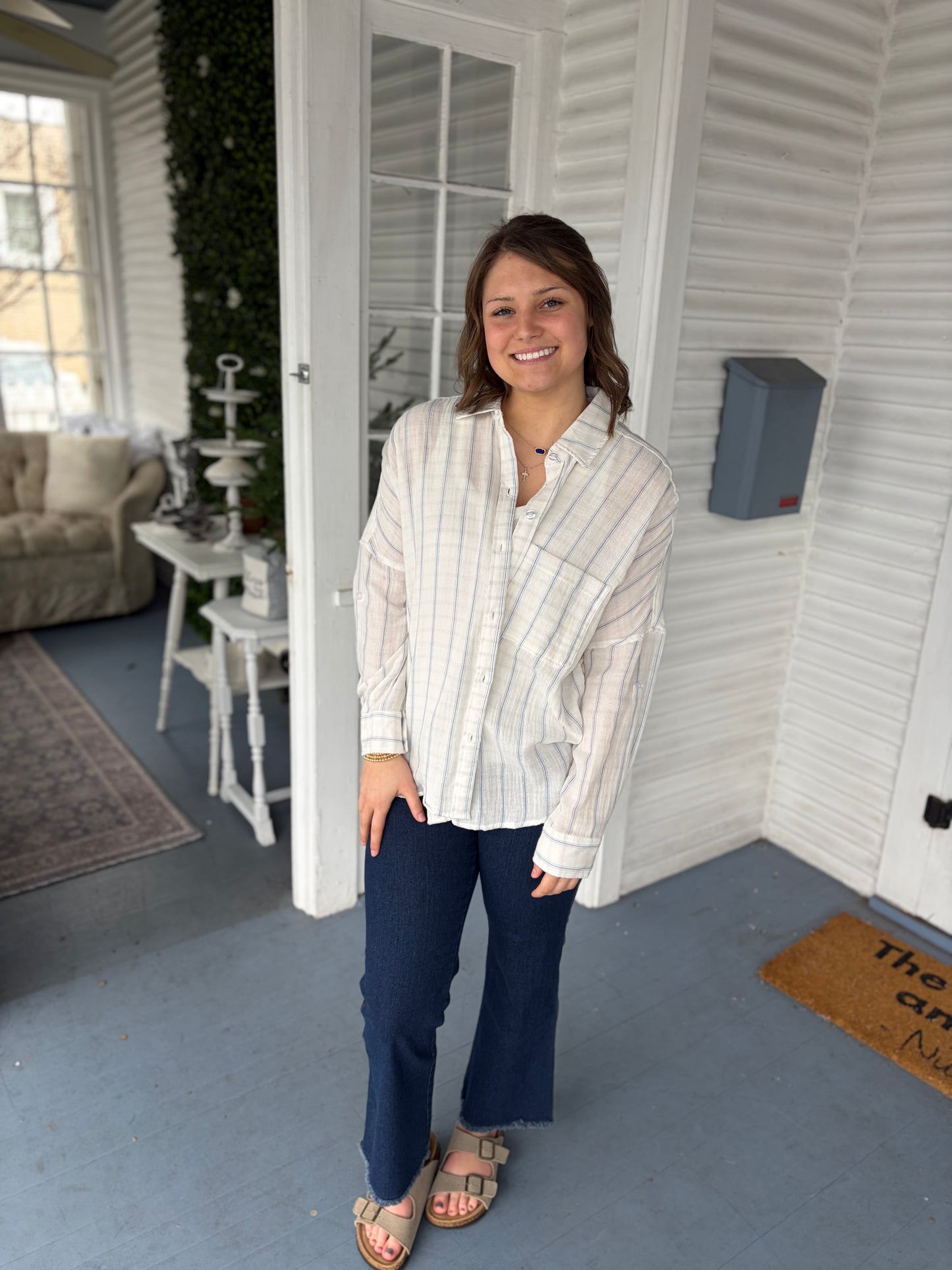 Blue Stripe Gauze LS Top