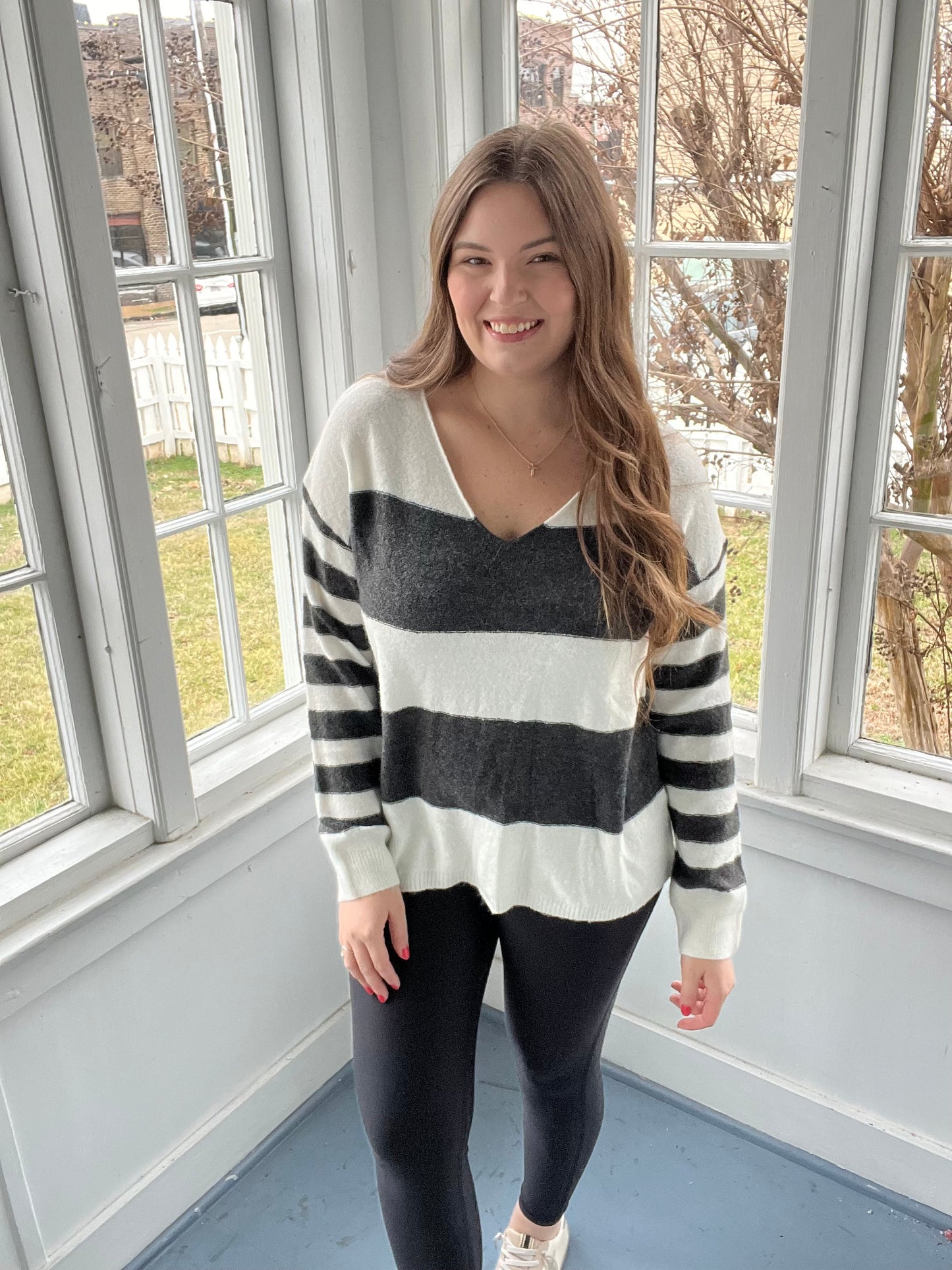 B&W Vneck Striped Sweater