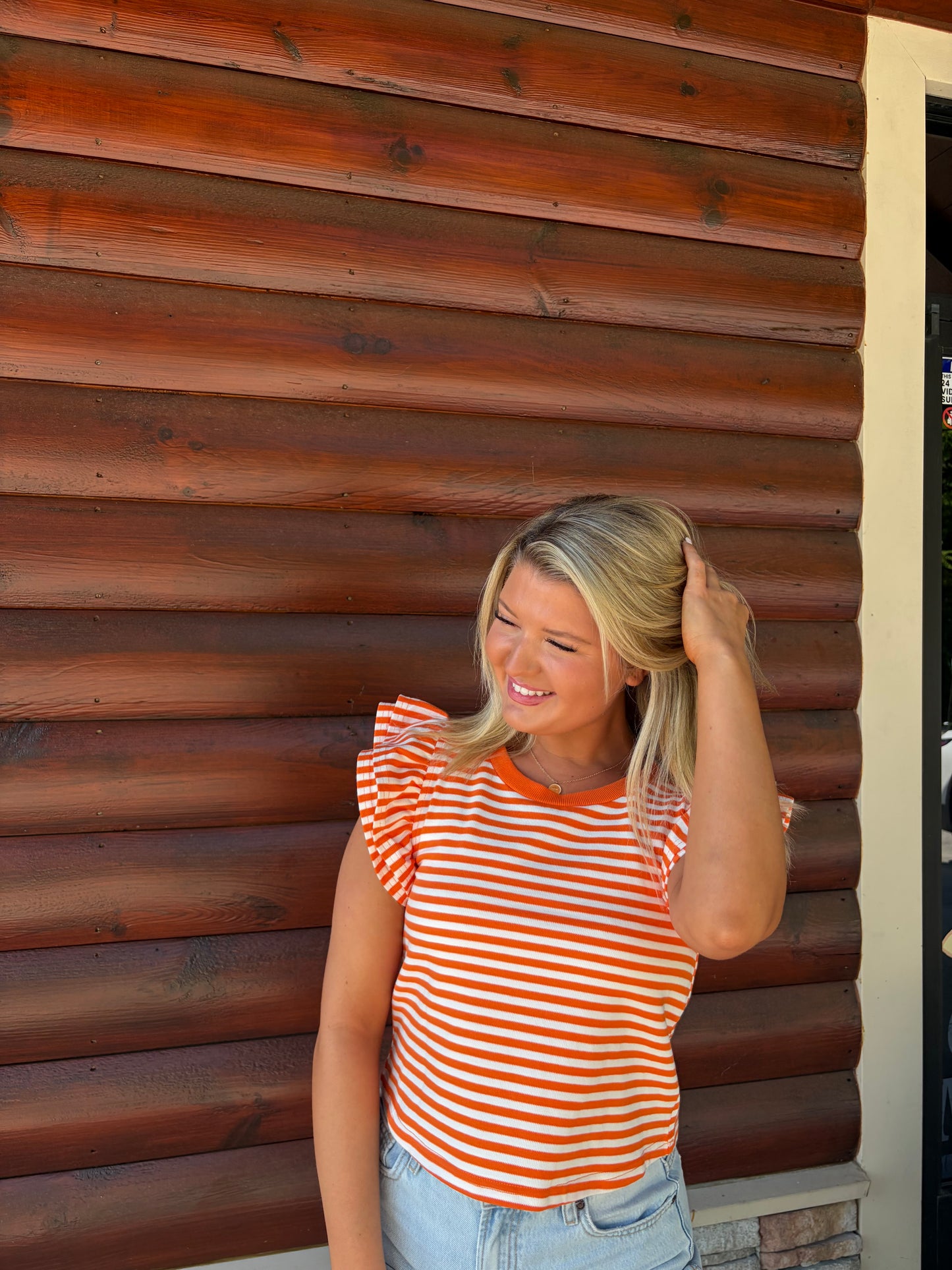 Striped Double Ruffle SS Contrast Top