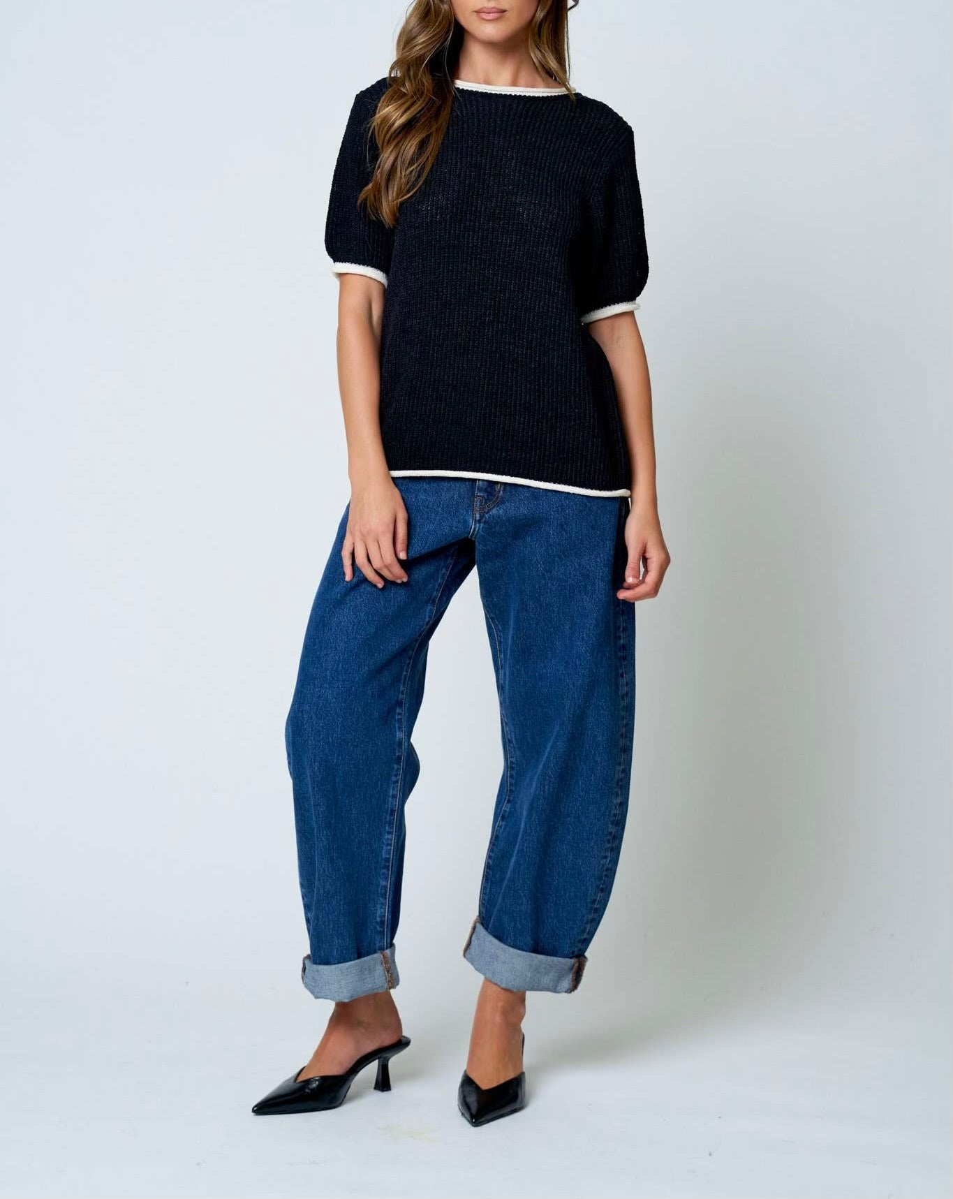 Contrast Trim Puff Sleeve Ribbed Knit Sweater