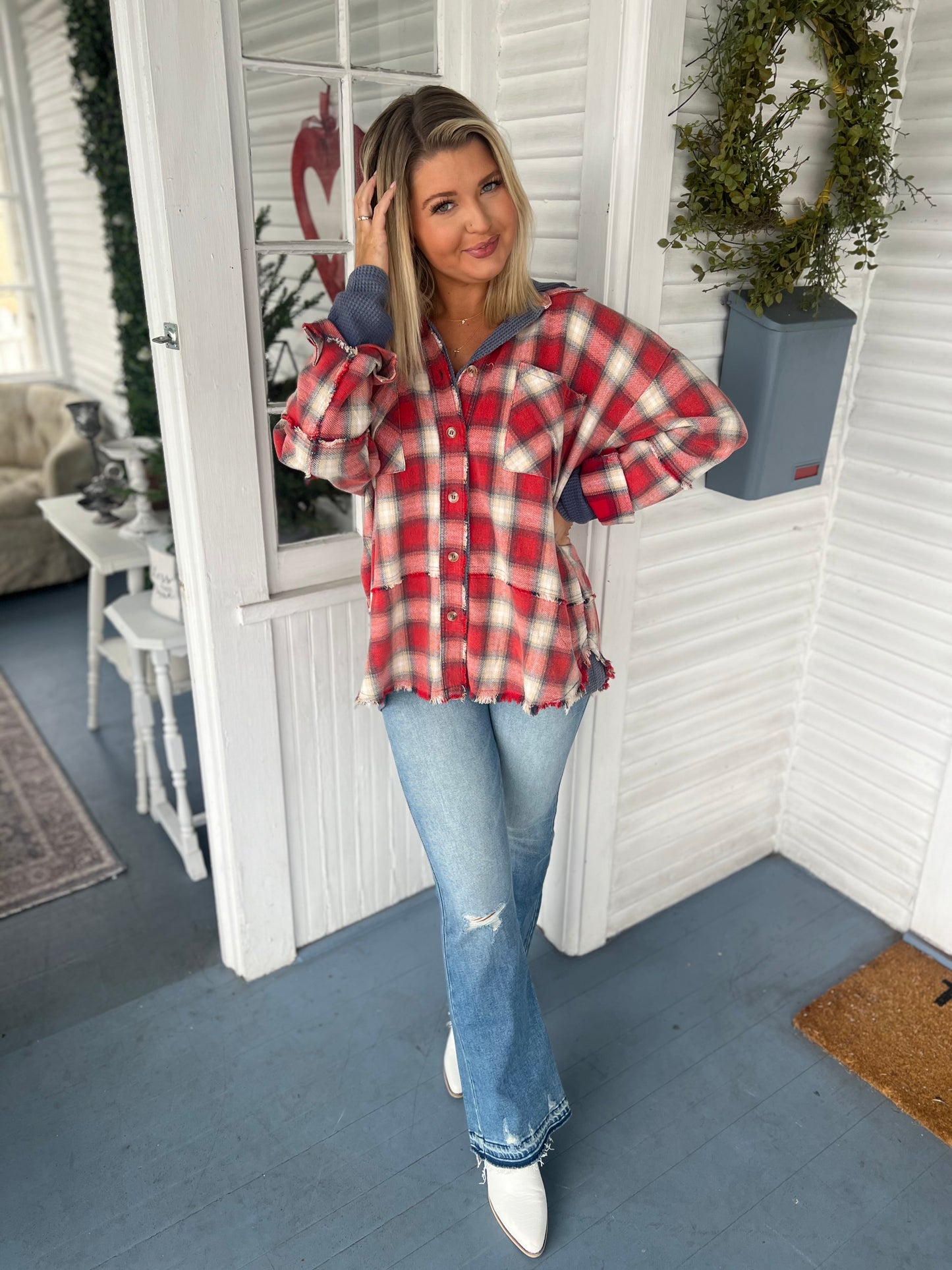 Navy/Red LS Plaid Button Down