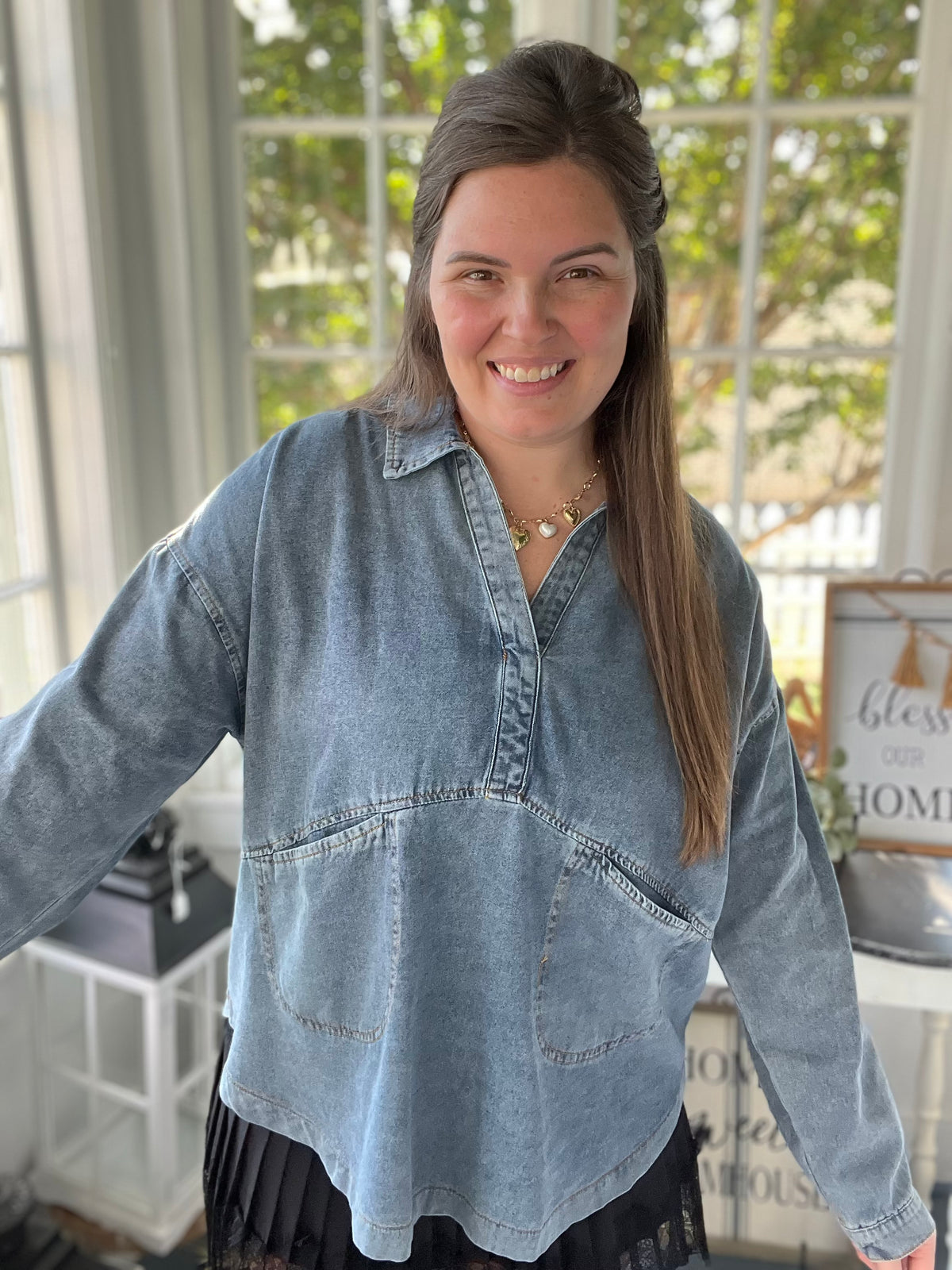 Mineral Washed Oversized Cotton Denim Pocket Top