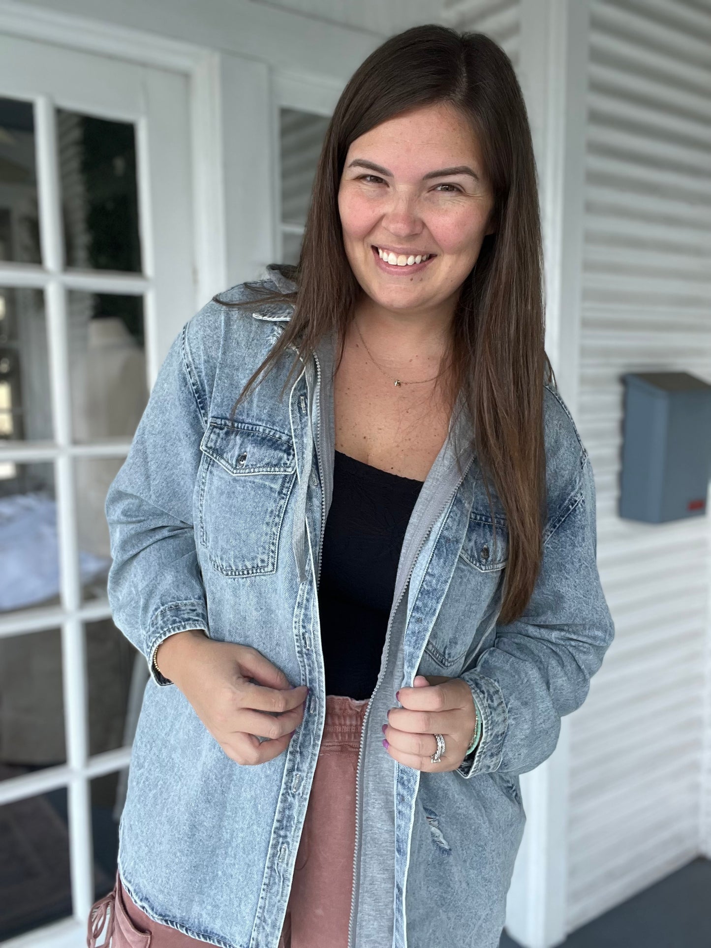 Oversized Hooded Zip Up Denim Shirt