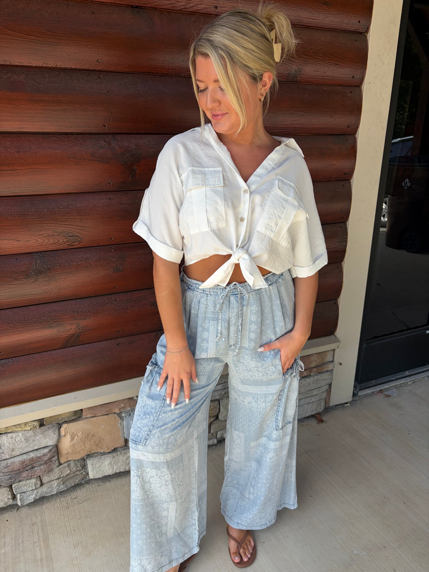 Paisley Chambray Drop Pocket Wide Leg Pant