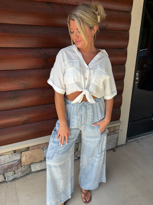 Paisley Chambray Drop Pocket Wide Leg Pant