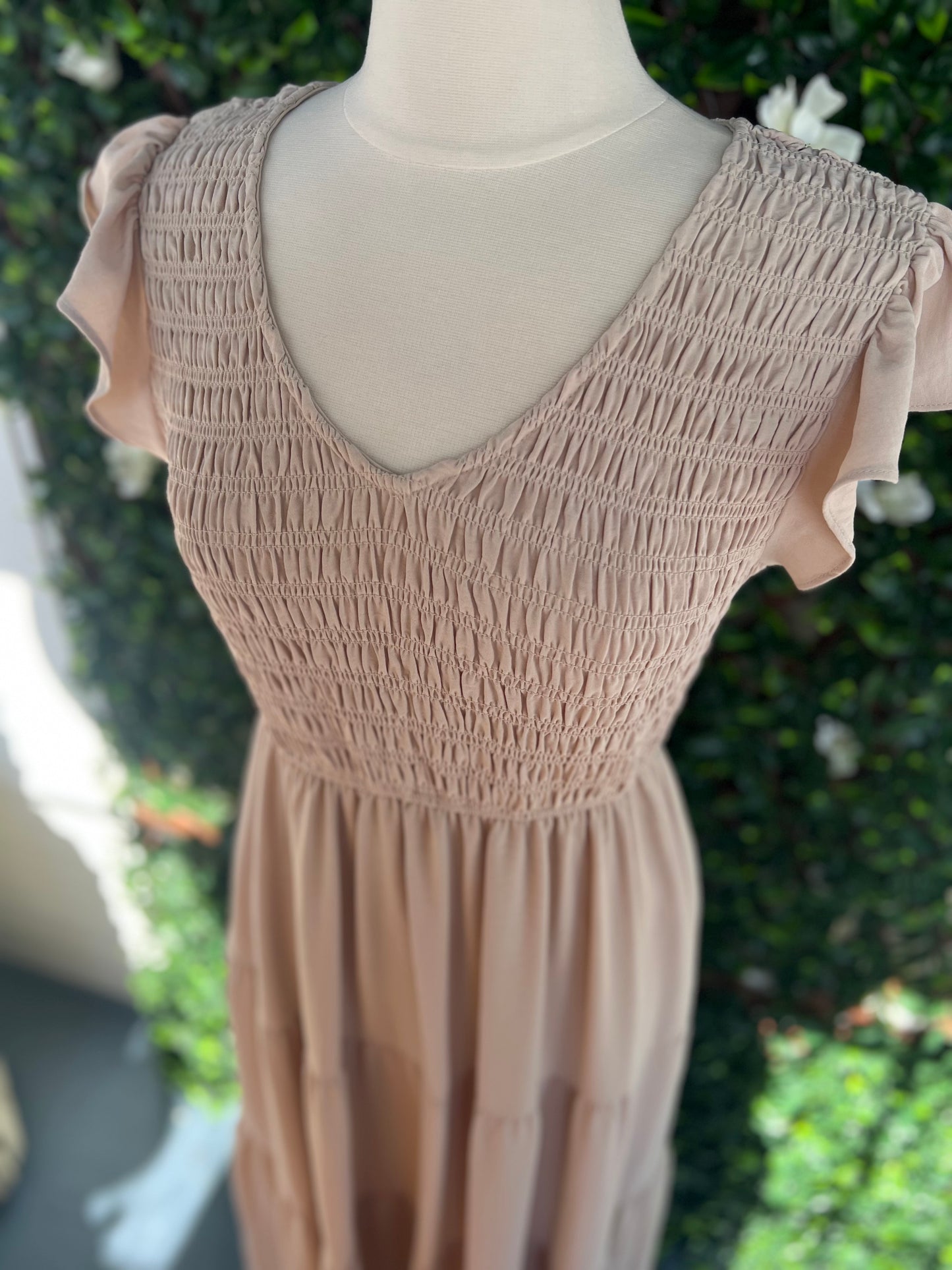 Smocked Vneck Midi Dress