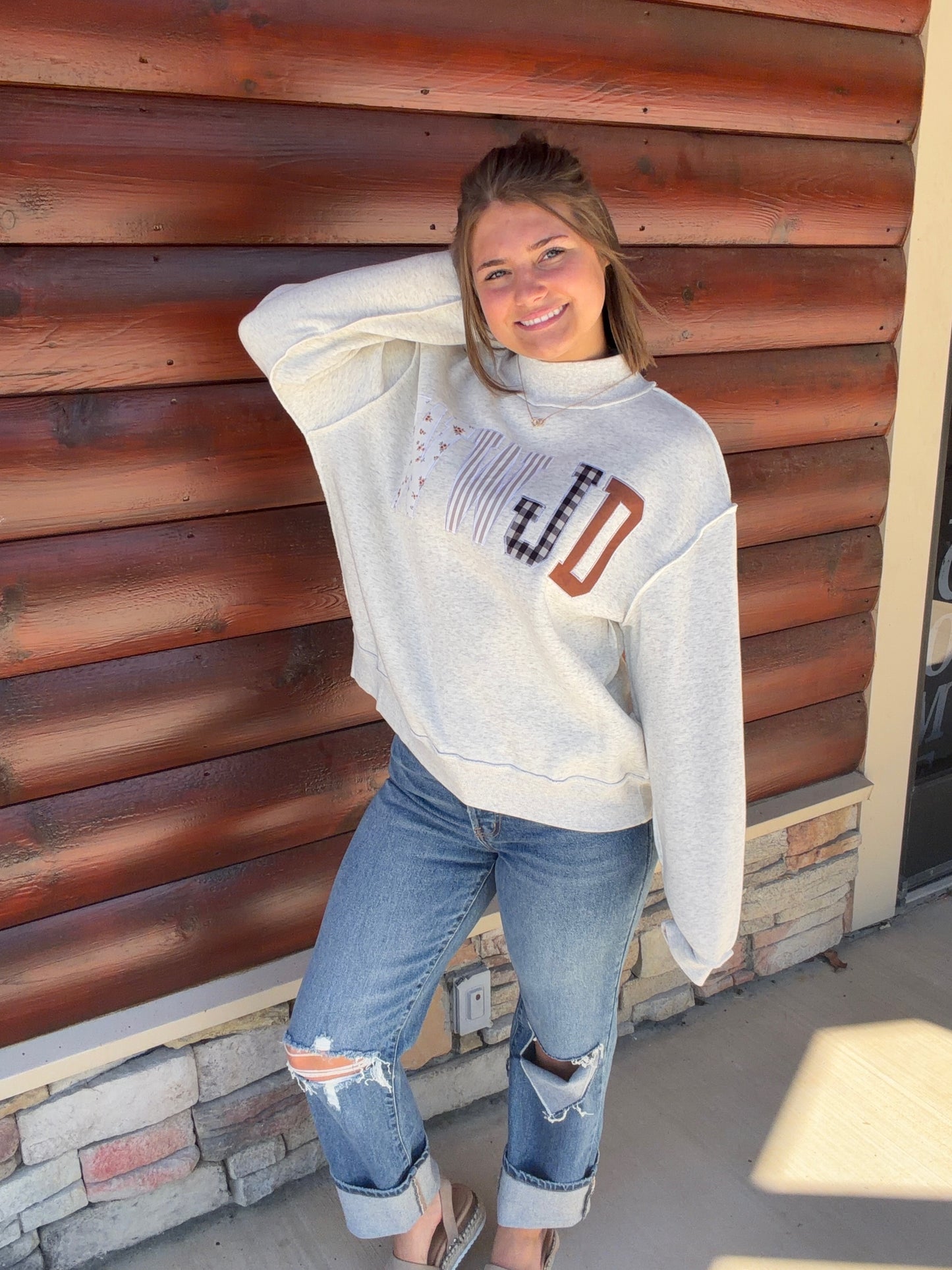 WWJD Patchwork Embroidered Mock Neck Sweatshirt