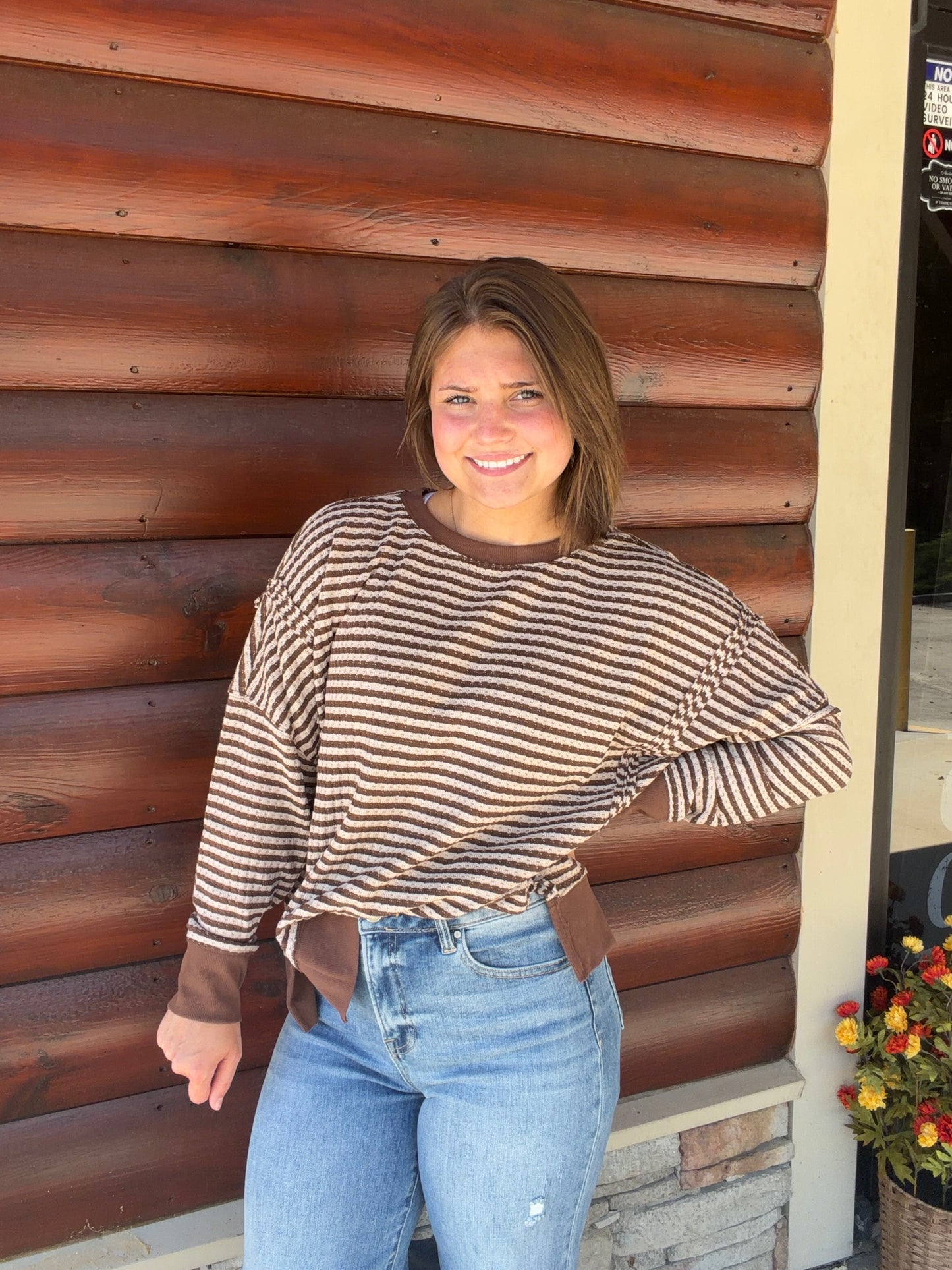 Stripe Exposed Seam Split Hem LS Knit Top